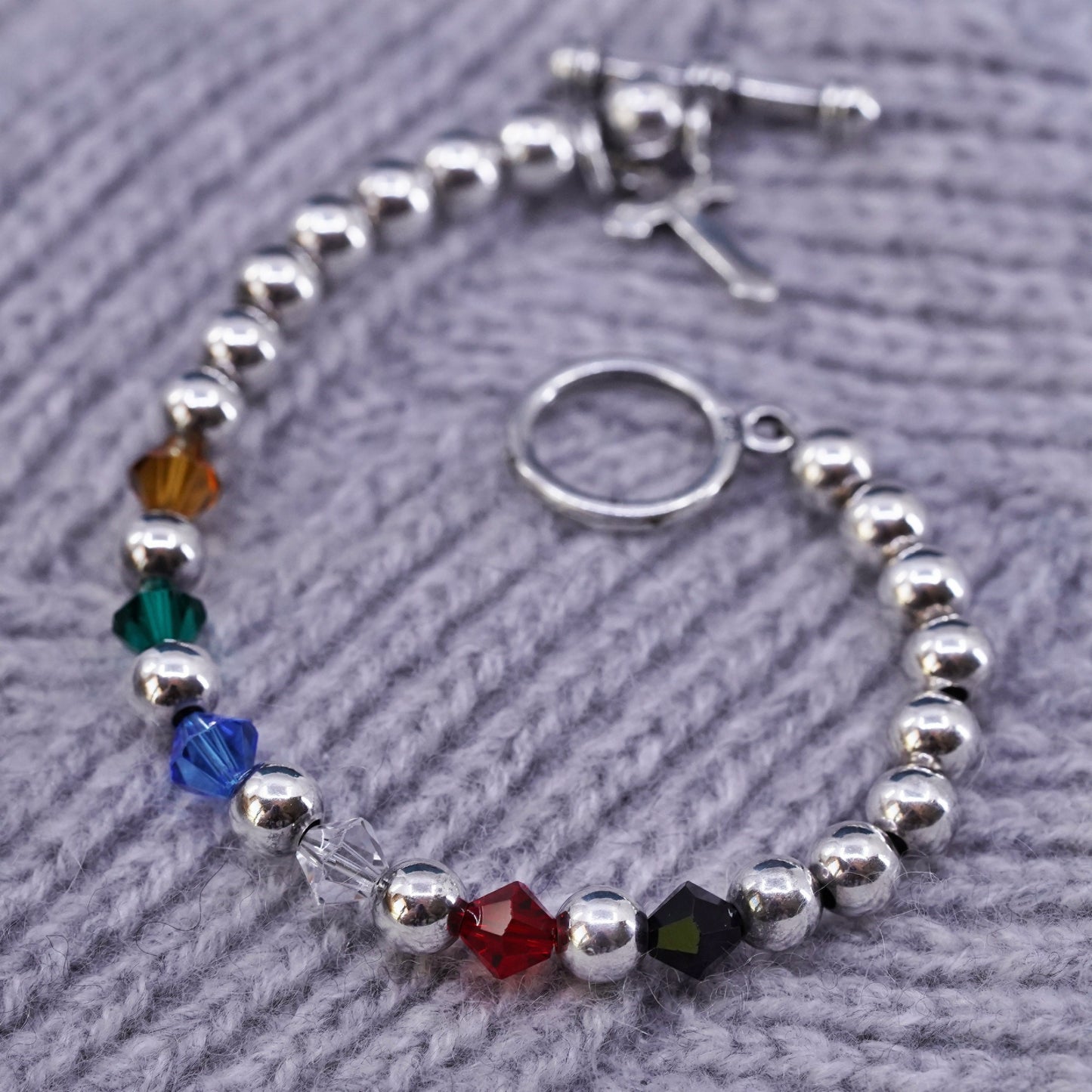 6.25” Italy Sterling silver handmade chain, 925 beads bracelet with cross charm