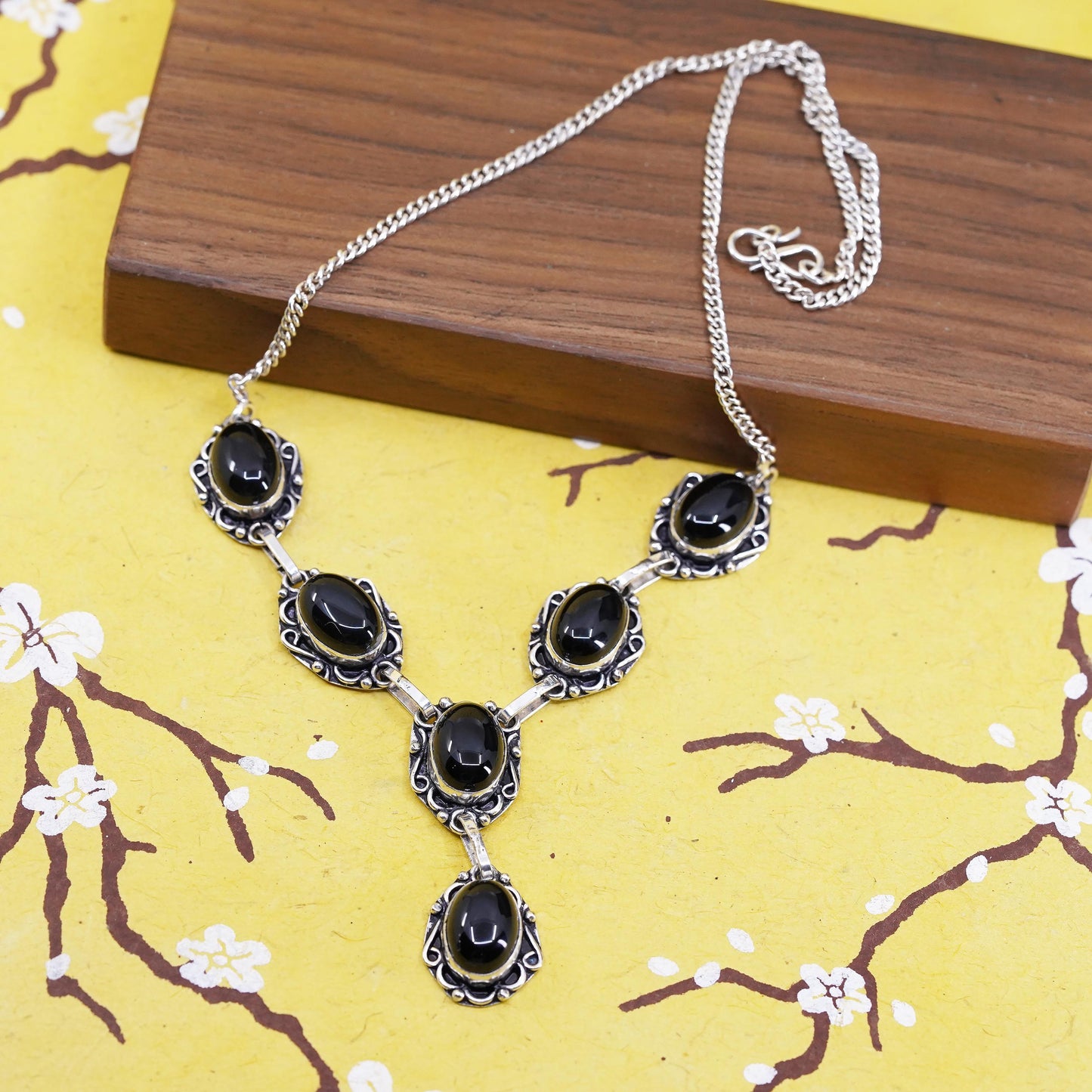 18" 2mm, Sterling silver handmade necklace, 925 curb chain with onyx pendant