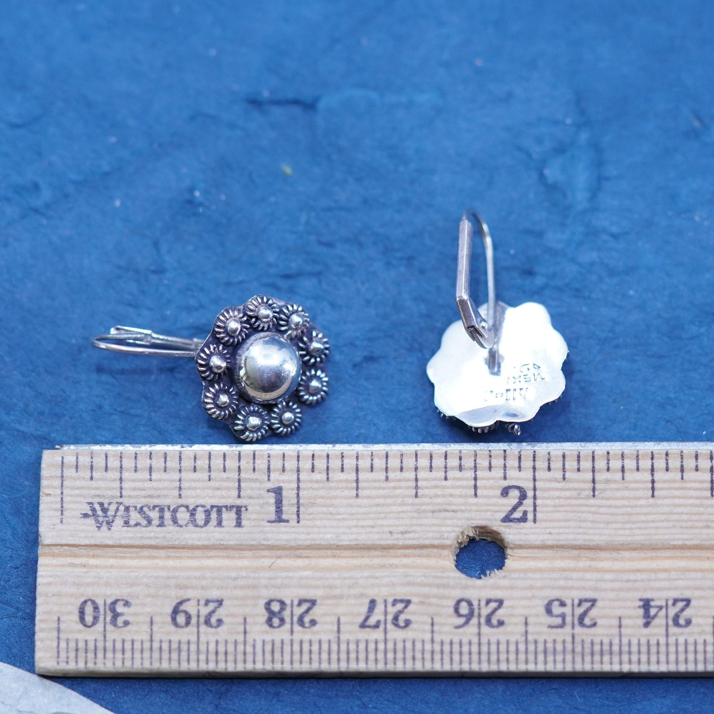 Vintage sterling silver handmade earrings, 925 circle shaped beaded drop