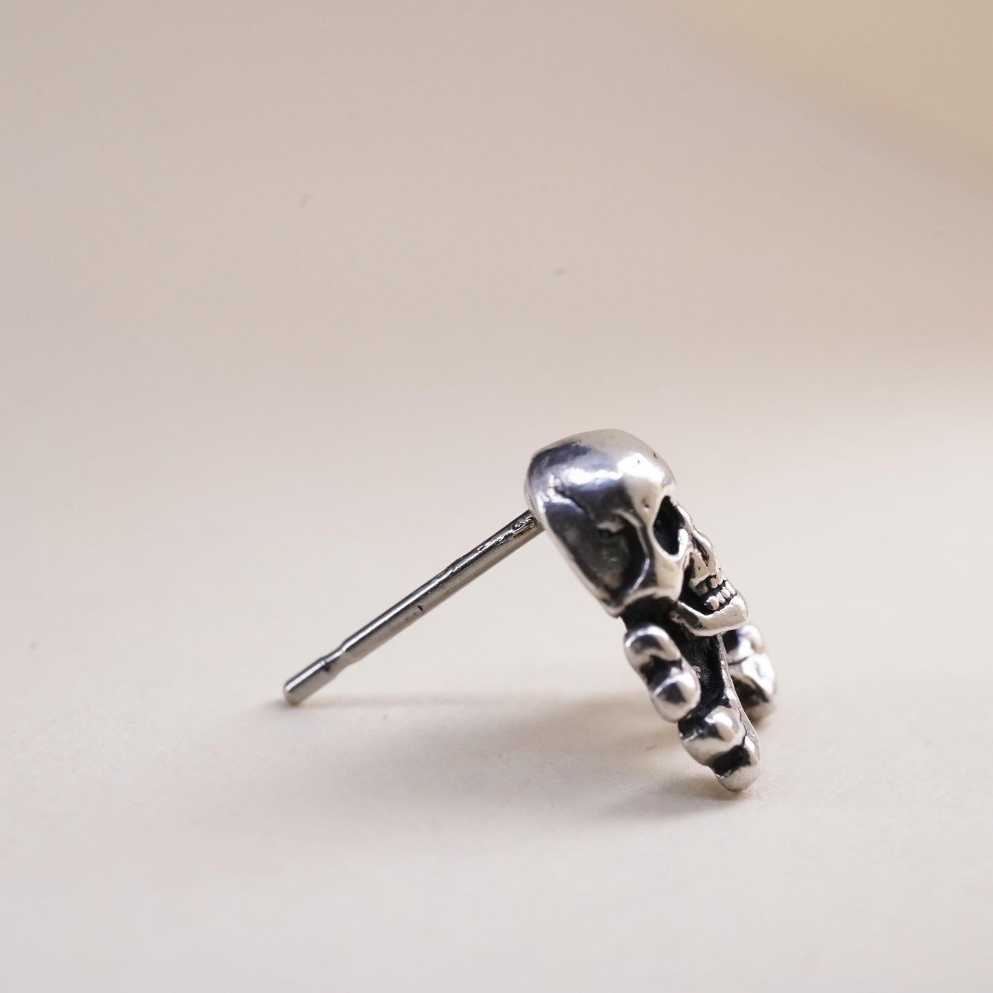 Vintage handmade single earring. Sterling 925 silver skull stud