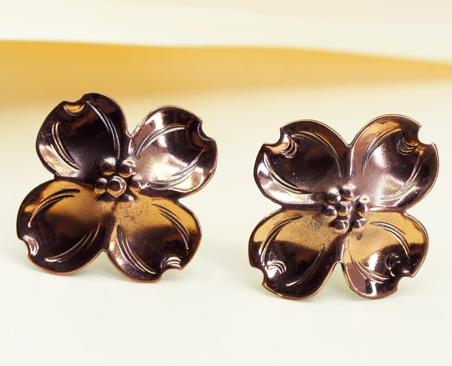 Vintage Sterling silver handmade earrings, 925 screw back copper dogwood flower