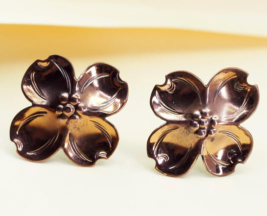 Vintage Sterling silver handmade earrings, 925 screw back copper dogwood flower