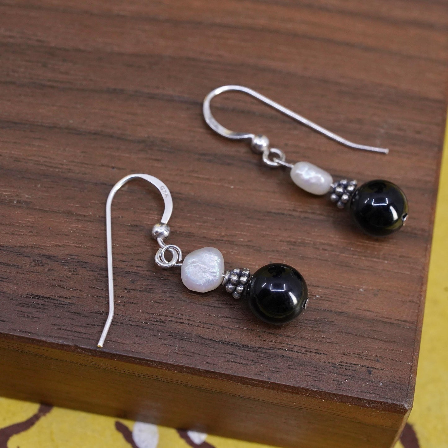 Vintage Sterling 925 silver handmade earrings with onyx pearl beads