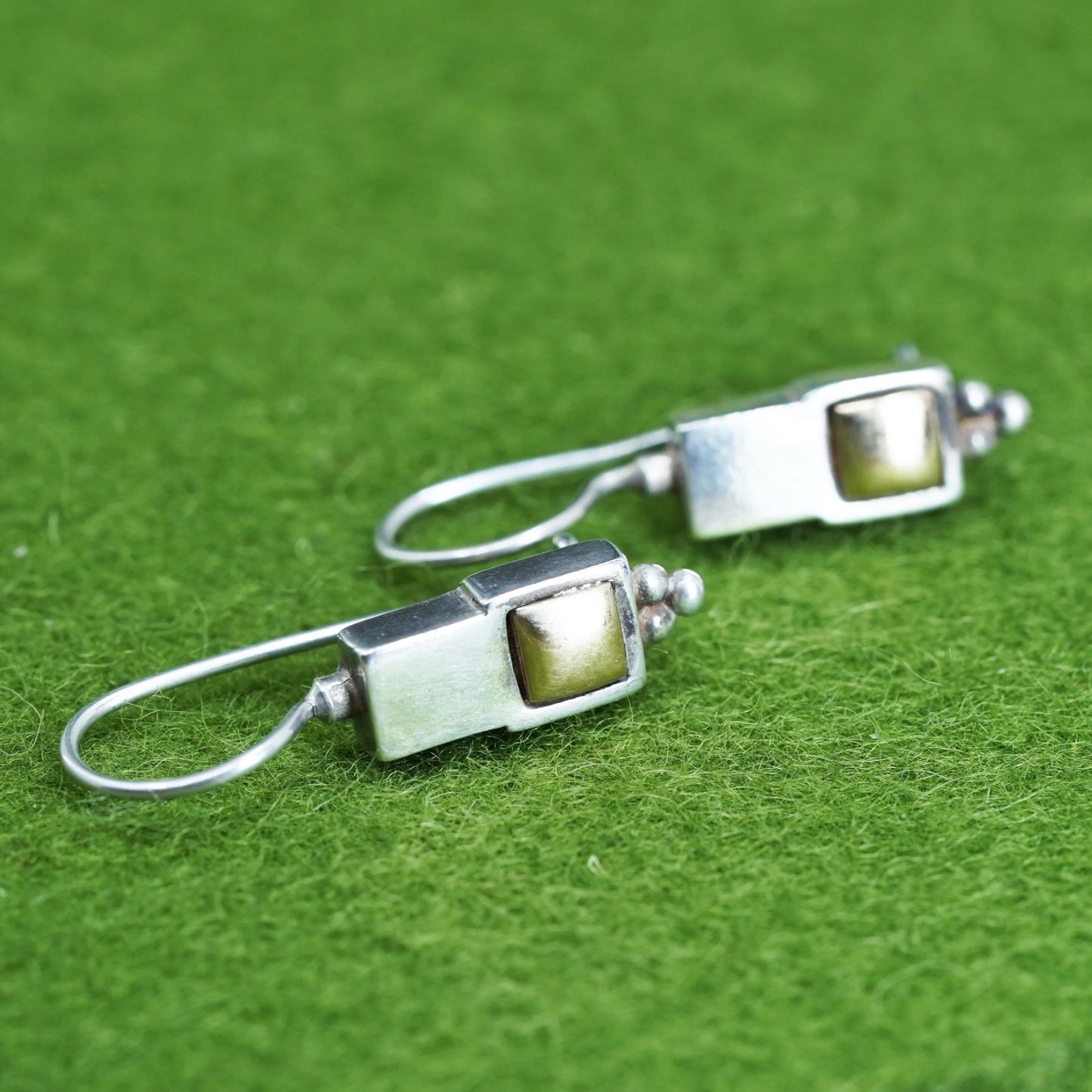 Vintage two tone Sterling 925 silver handmade earrings with 14K gold square