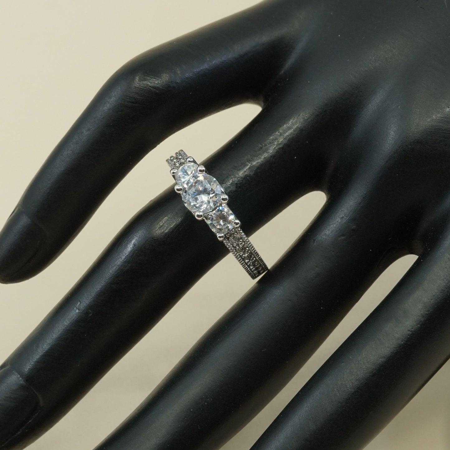 sz 8.25, vtg handmade sterling silver round crystal ring, engagement 925 ring