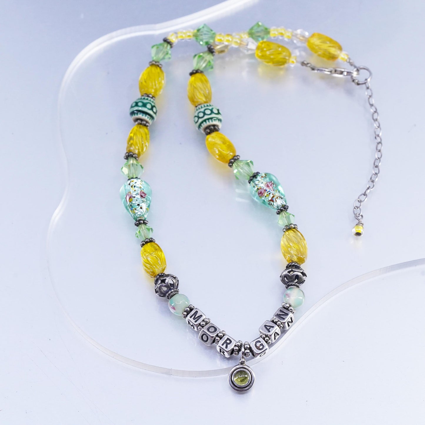 16+2", Sterling Silver 925 necklace green yellow artisan glass beads and Morgan