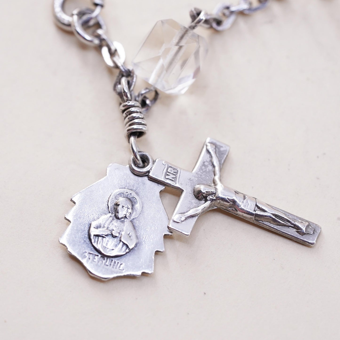 7”, sterling 925 silver crystal bead bracelet Virgin Mary cross metal charms