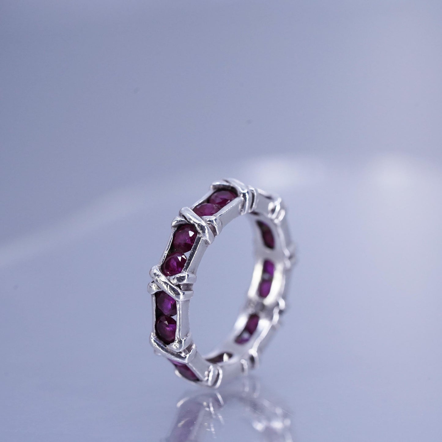 Size 6.25, vintage Sterling 925 silver stackable band ring with cluster ruby