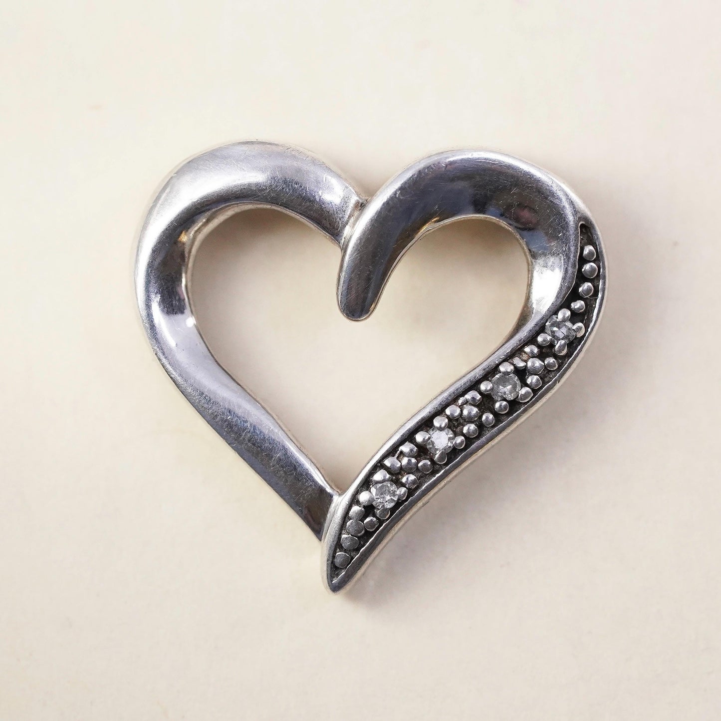 Vintage Sterling silver handmade pendant, 925 heart with diamonds