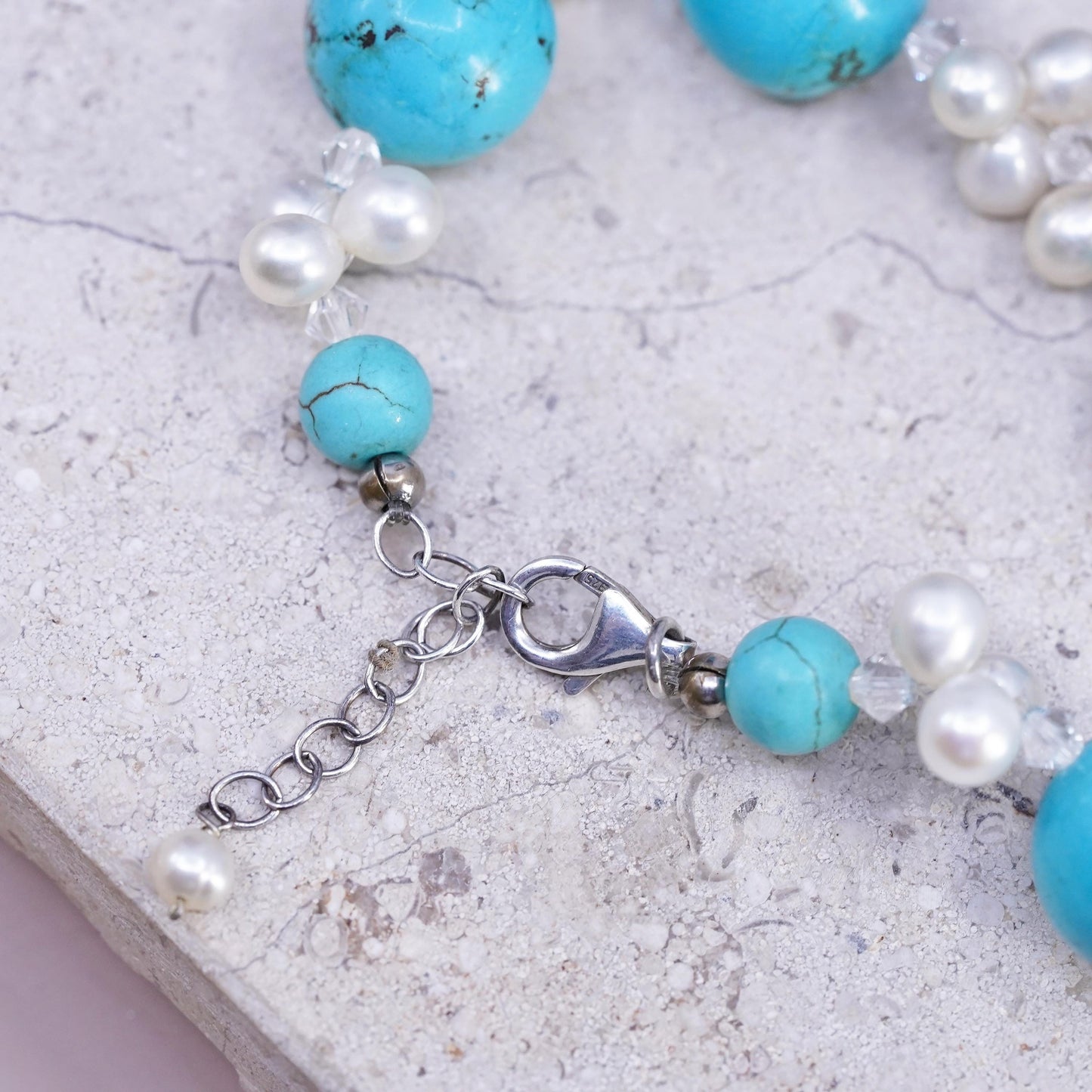 18+1.5", Sterling 925 silver necklace w/ freshwater pearl 15mm turquoise beads