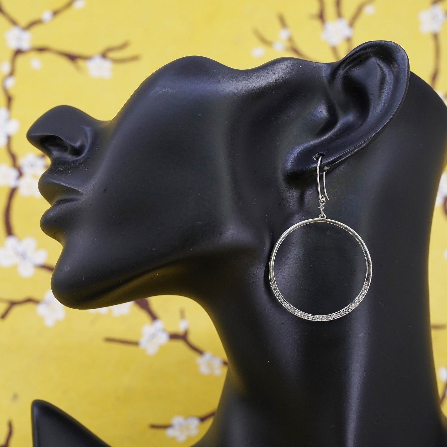 2", vintage Sterling silver handmade earrings, 925 circle hoops with diamonds