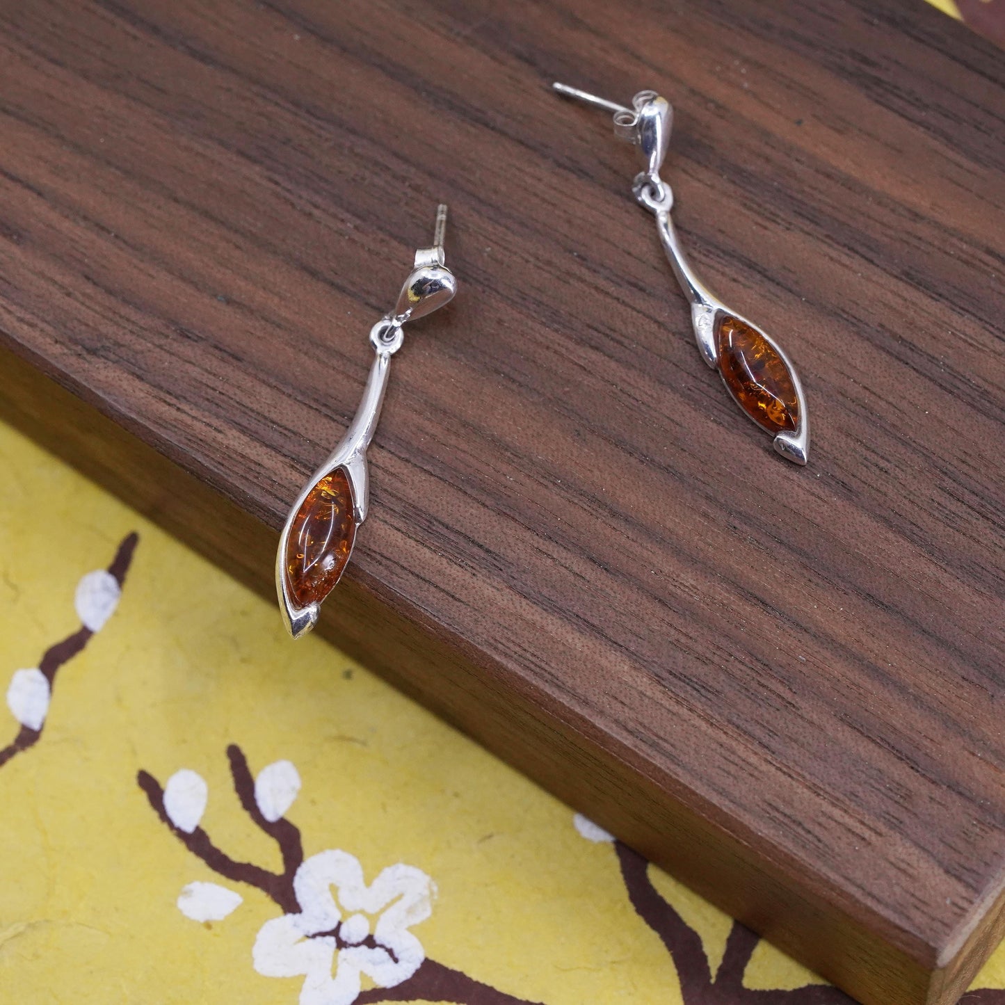 Vintage Sterling 925 silver handmade earrings with amber drops