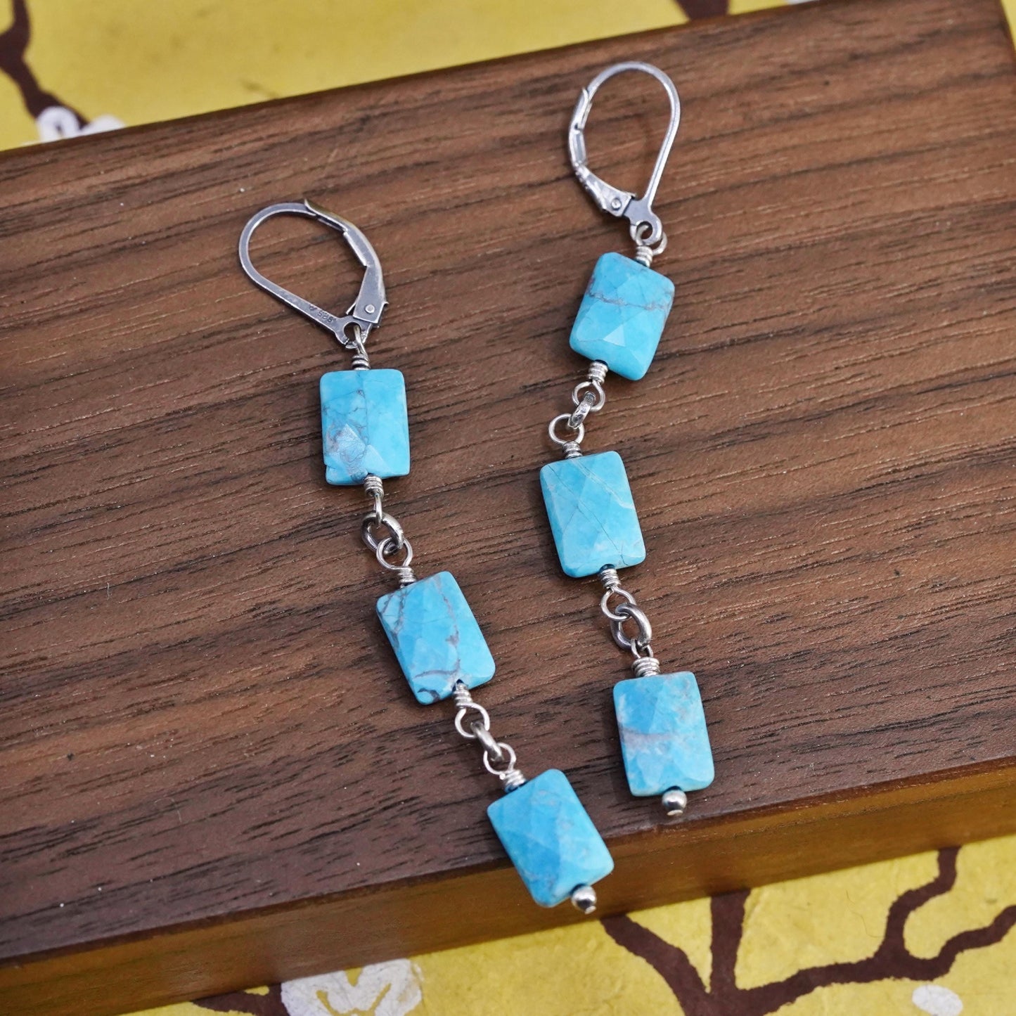 Vintage Sterling 925 silver handmade long earrings with turquoise beads