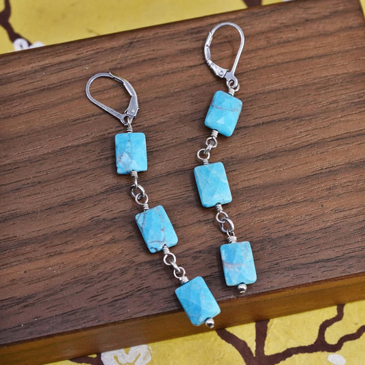 Vintage Sterling 925 silver handmade long earrings with turquoise beads