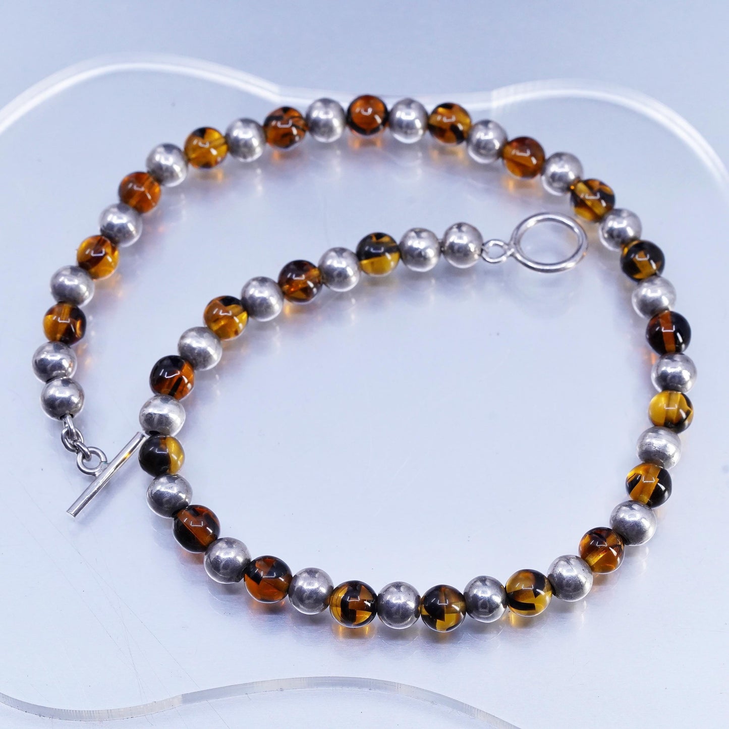 16" 8mm, Vintage Sterling 925 silver necklace with amber beads toggle closure
