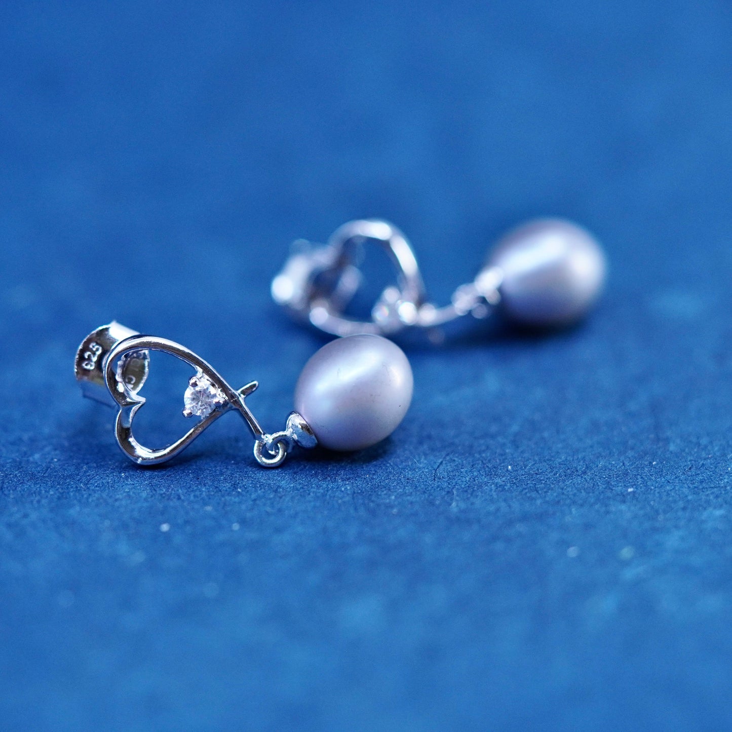 Vintage sterling silver handmade earrings, 925 heart studs with pearl