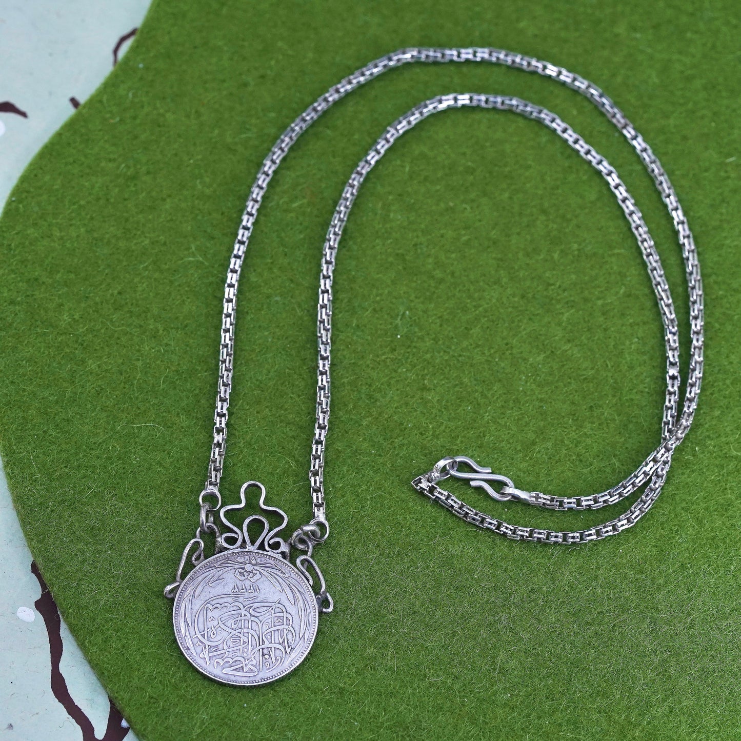 20”, Sterling 925 silver necklace, box chain 1917 Egyptian 50 piastres coin