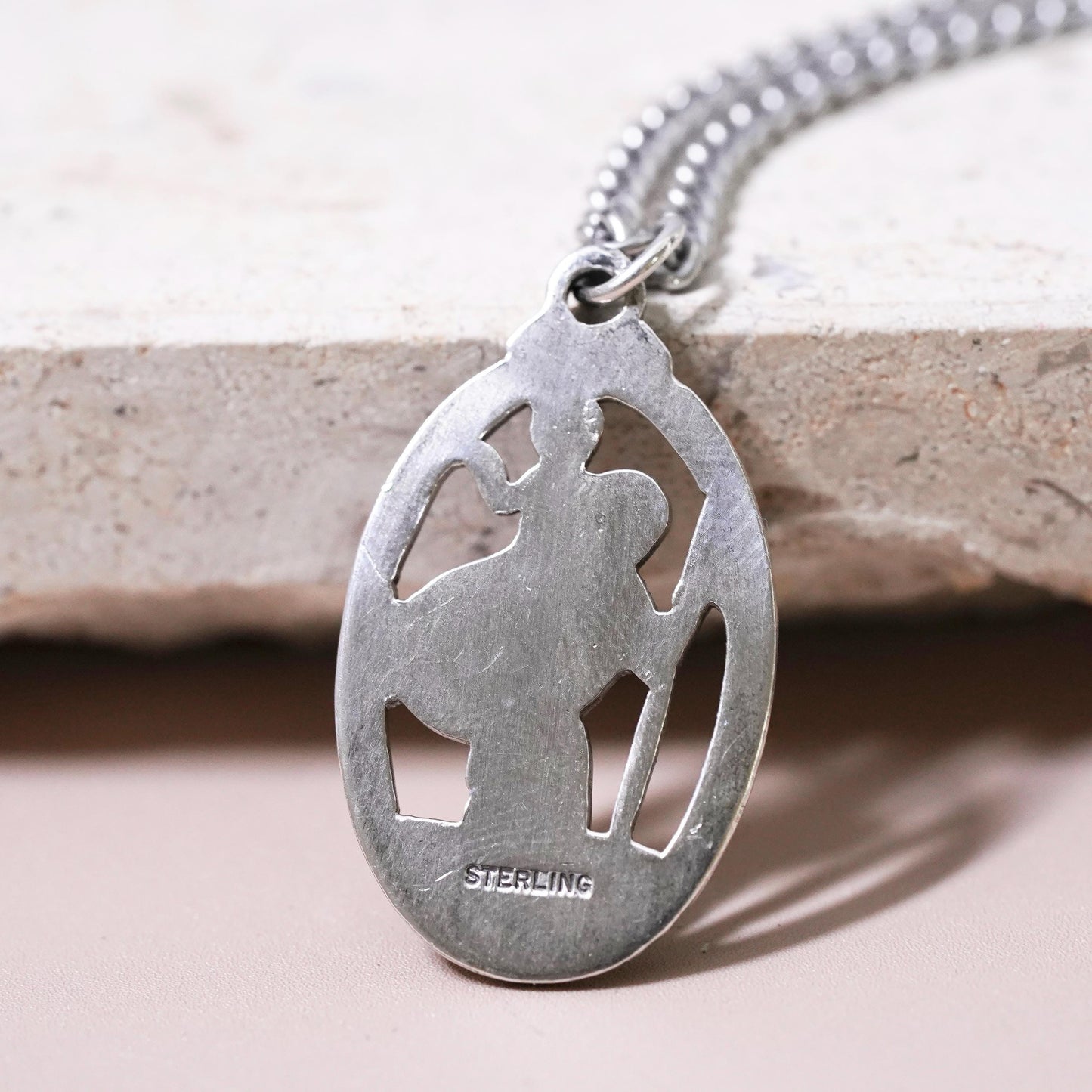 24” Sterling silver necklace, 925 chain Saint Christopher protect us pendant