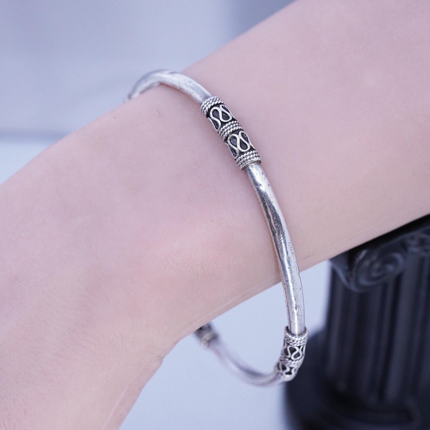 8.25", Balinese Sterling Silver Cuff, 925 Artisan Open Bangle, Tribal Bracelet