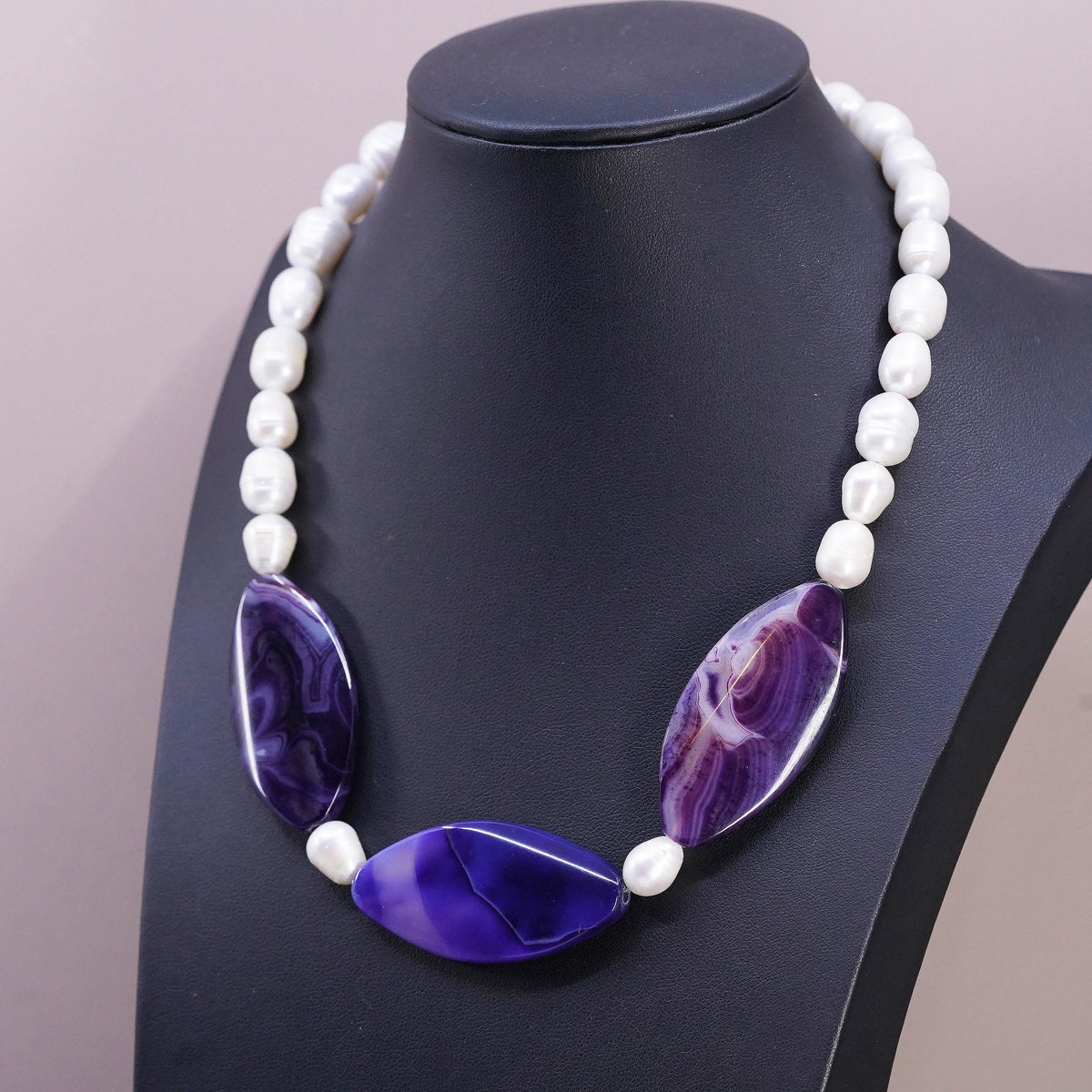 18+2", vintage Sterling 925 silver necklace 9mm freshwater pearls purple agate
