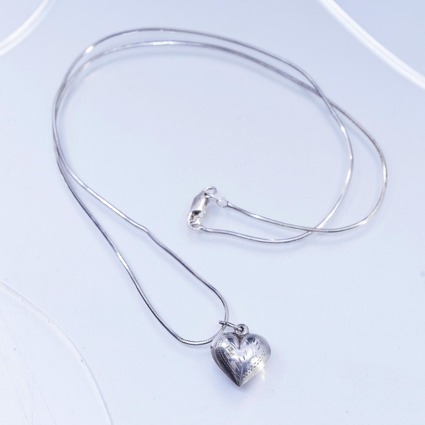 20", vintage Sterling 925 silver snake necklace puffy textured heart pendant