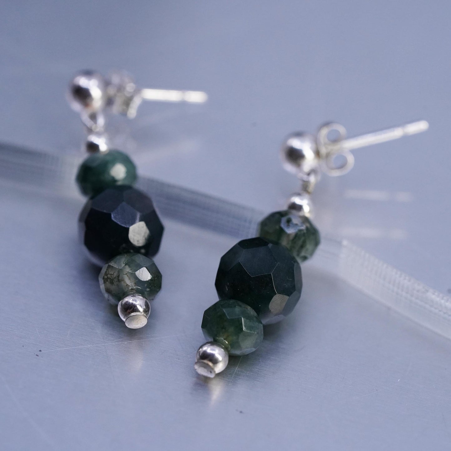 Vinatge sterling silver handmade earrings, 925 studs with moss agate beads