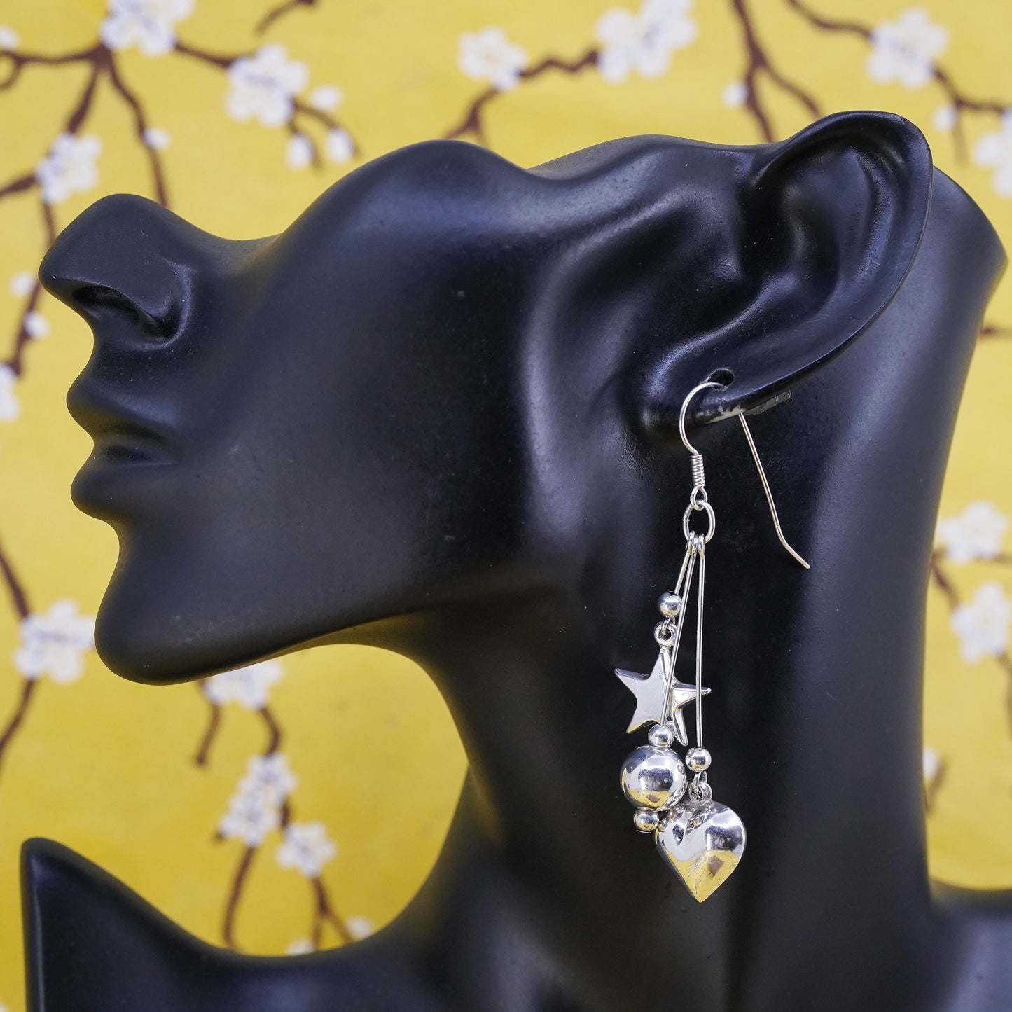 Vintage Sterling silver handmade earrings, 925 heart star bead dangles