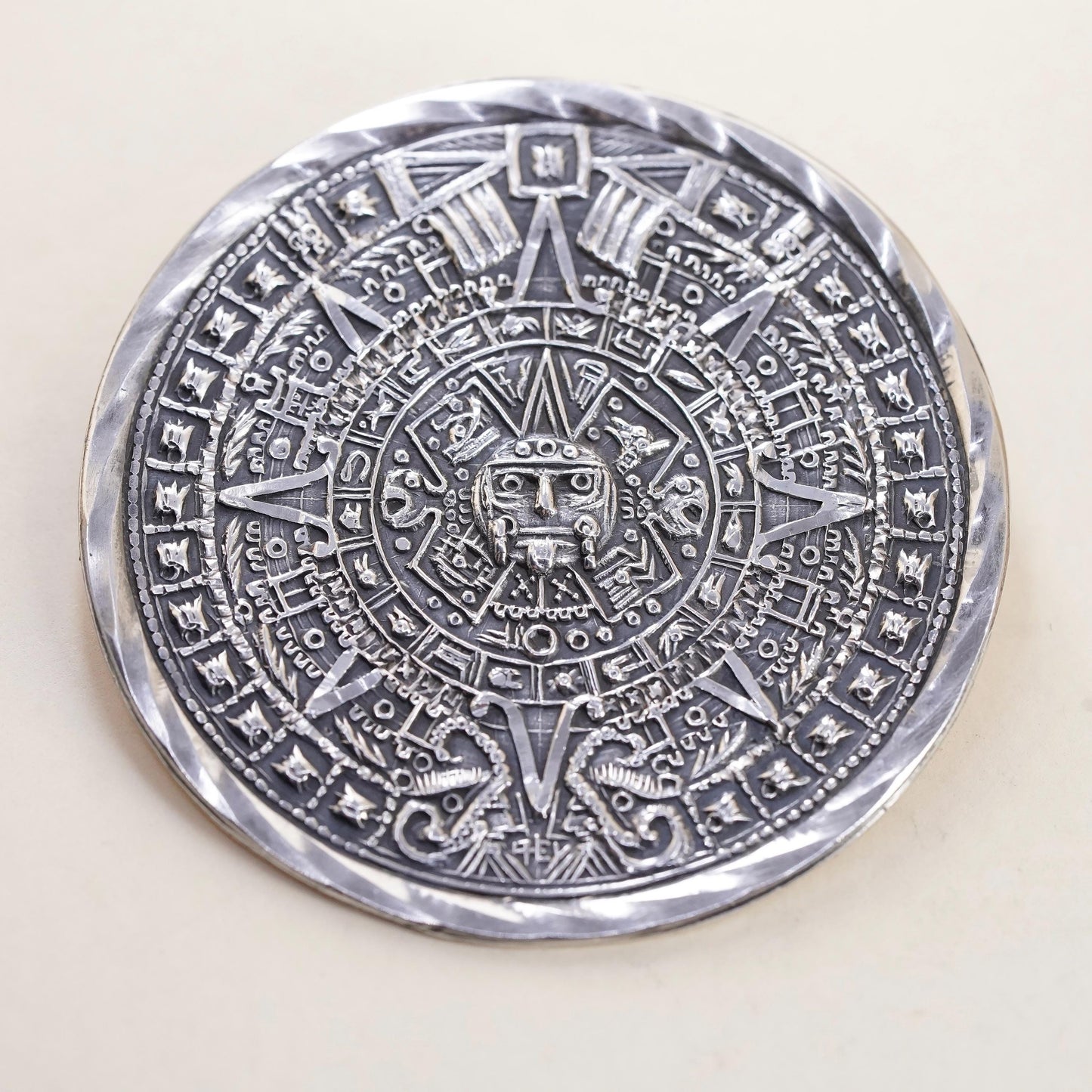 Taxco Sterling Silver Aztec Calendar Brooch Pendant Mexican Mayan Sun Stone Pin