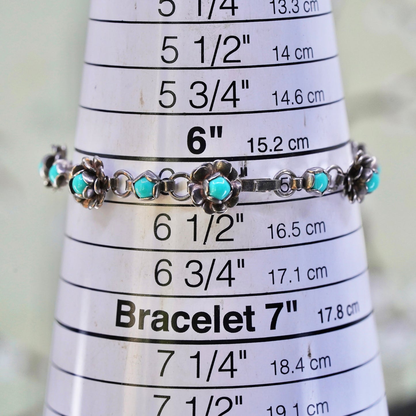 6.25", Sterling silver handmade bracelet, Mexico 925 flower with turquoise