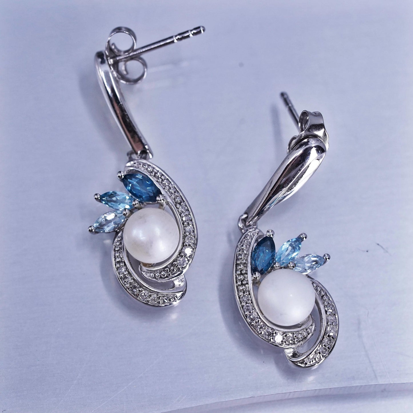Vintage Sterling 925 silver handmade earrings with pearl topaz and diamonds