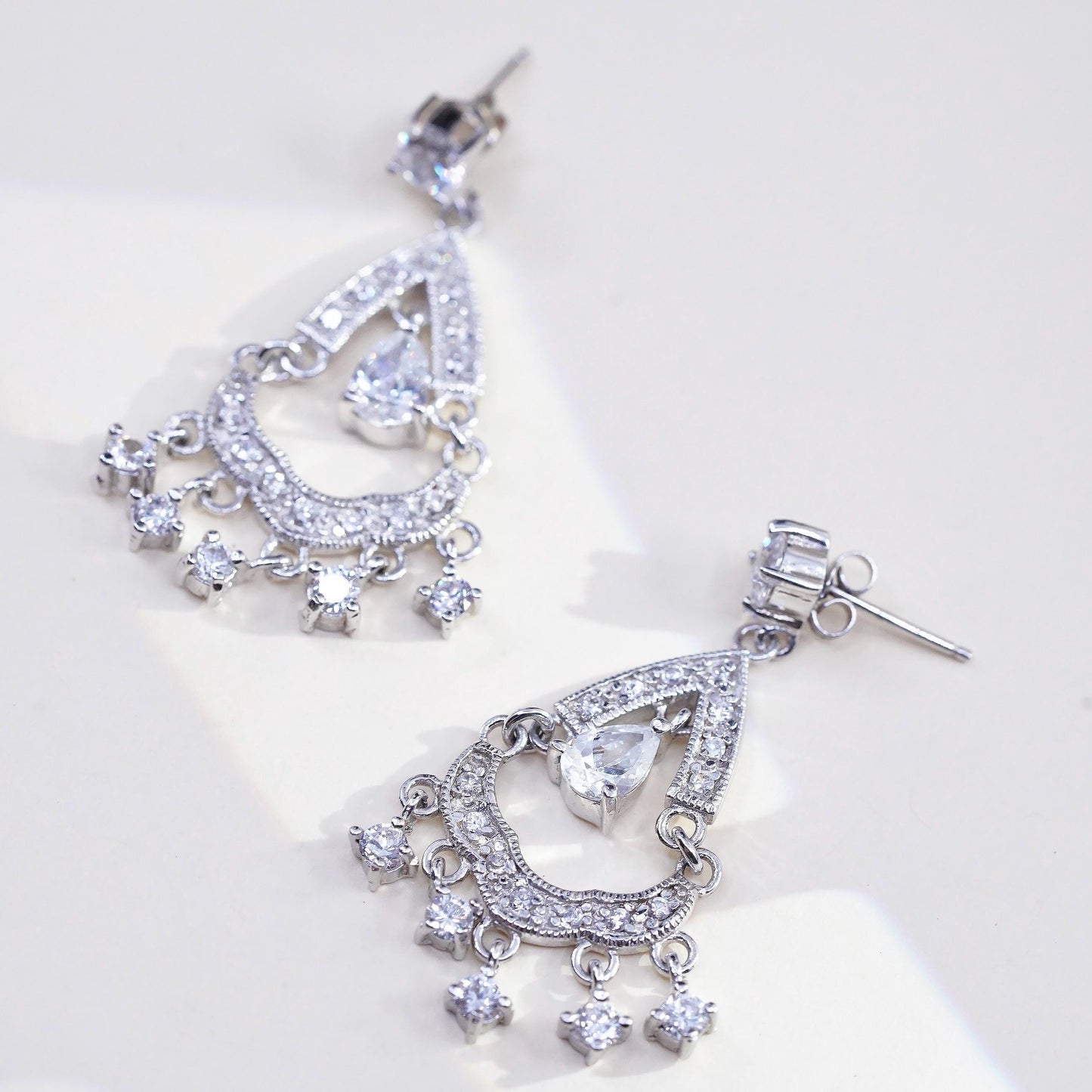 925 Sterling Silver CZ Chandelier Earrings, Teardrop Dangles, Art Deco Bridal