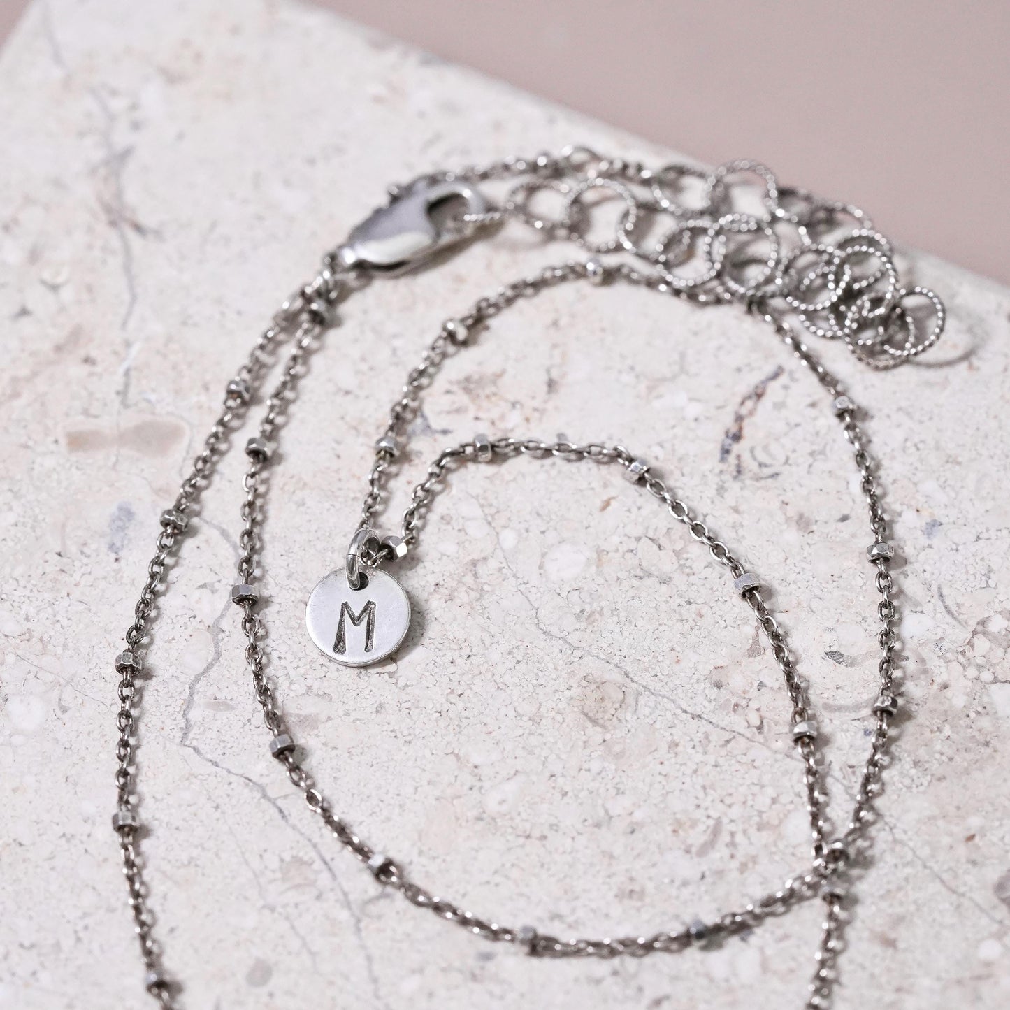 14+2”, VTG Sterling silver handmade necklace, 925 bead chain with tag letter M