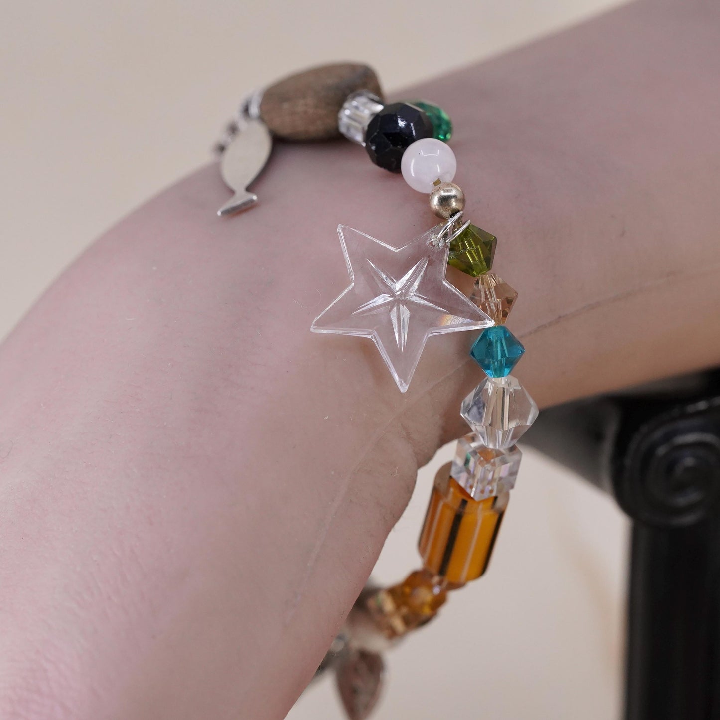 7", stretchy bracelet wood howlite beads prayer cross fish heart bible charms