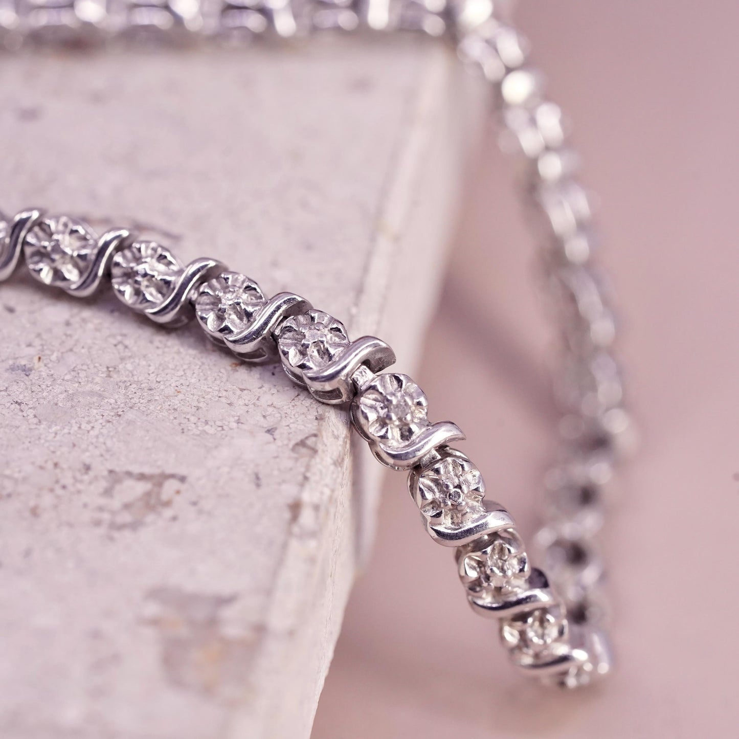 7", vintage sterling 925 silver tennis floral bracelet with diamond details