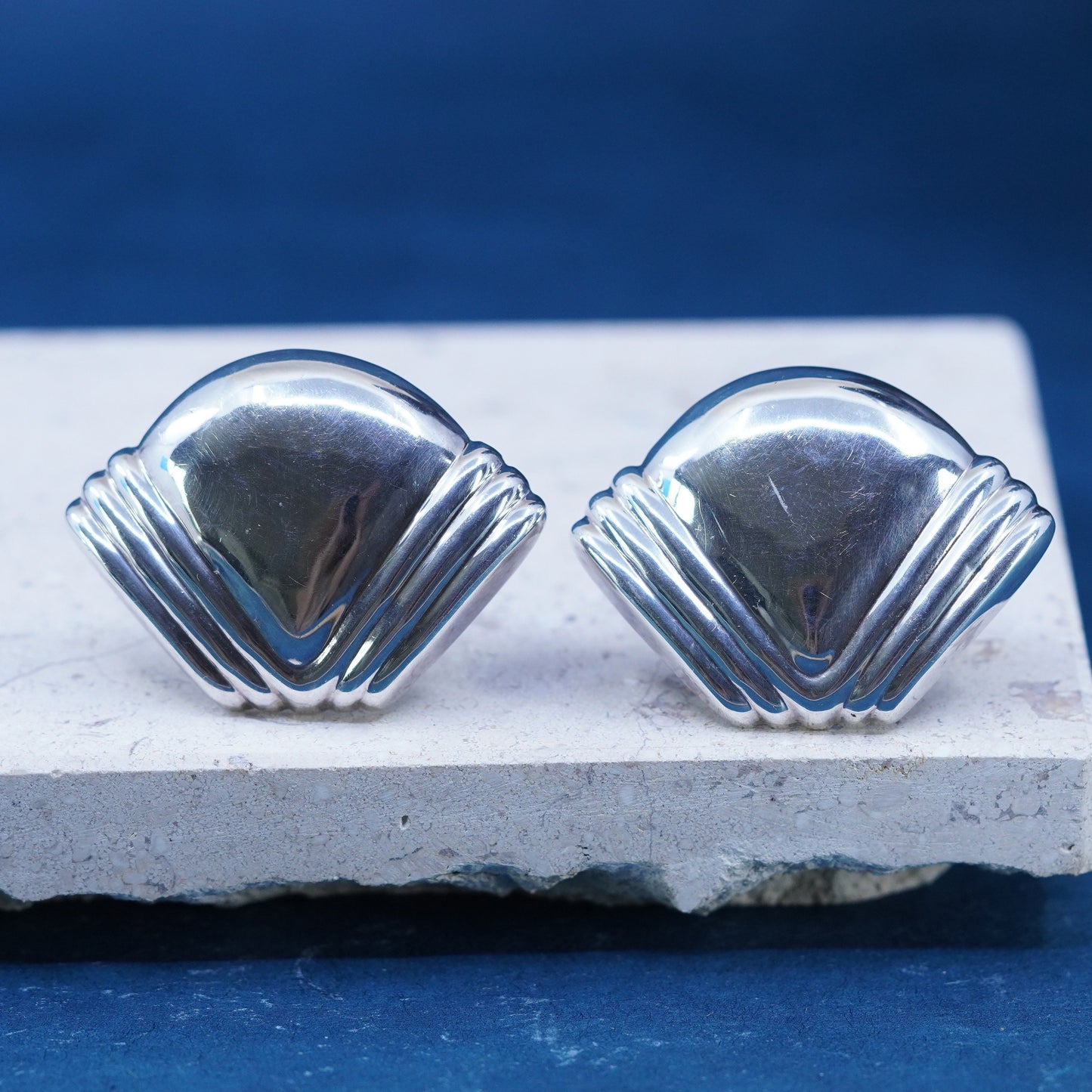 Vintage sterling silver handmade earrings, 925 fan ribbed studs