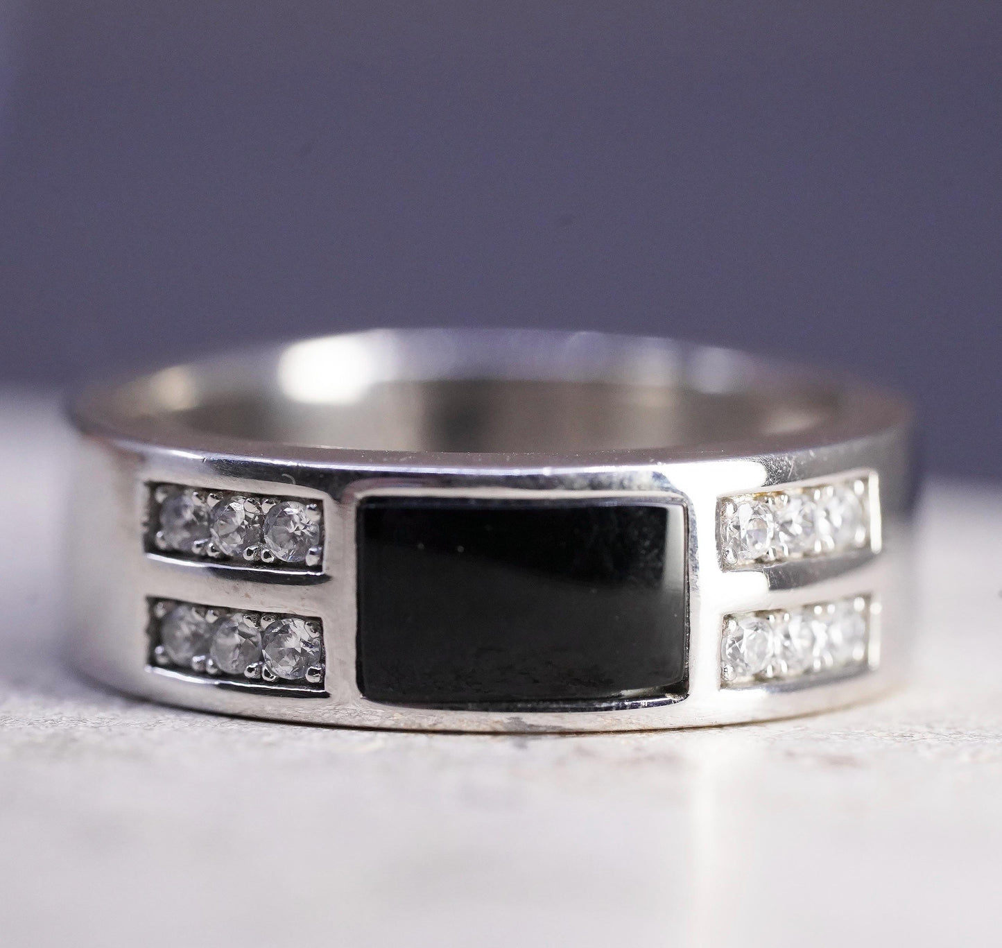 Size 8, 925 Sterling Silver Black Onyx Ring, Men’s CZ Band, Modernist Wide Ring