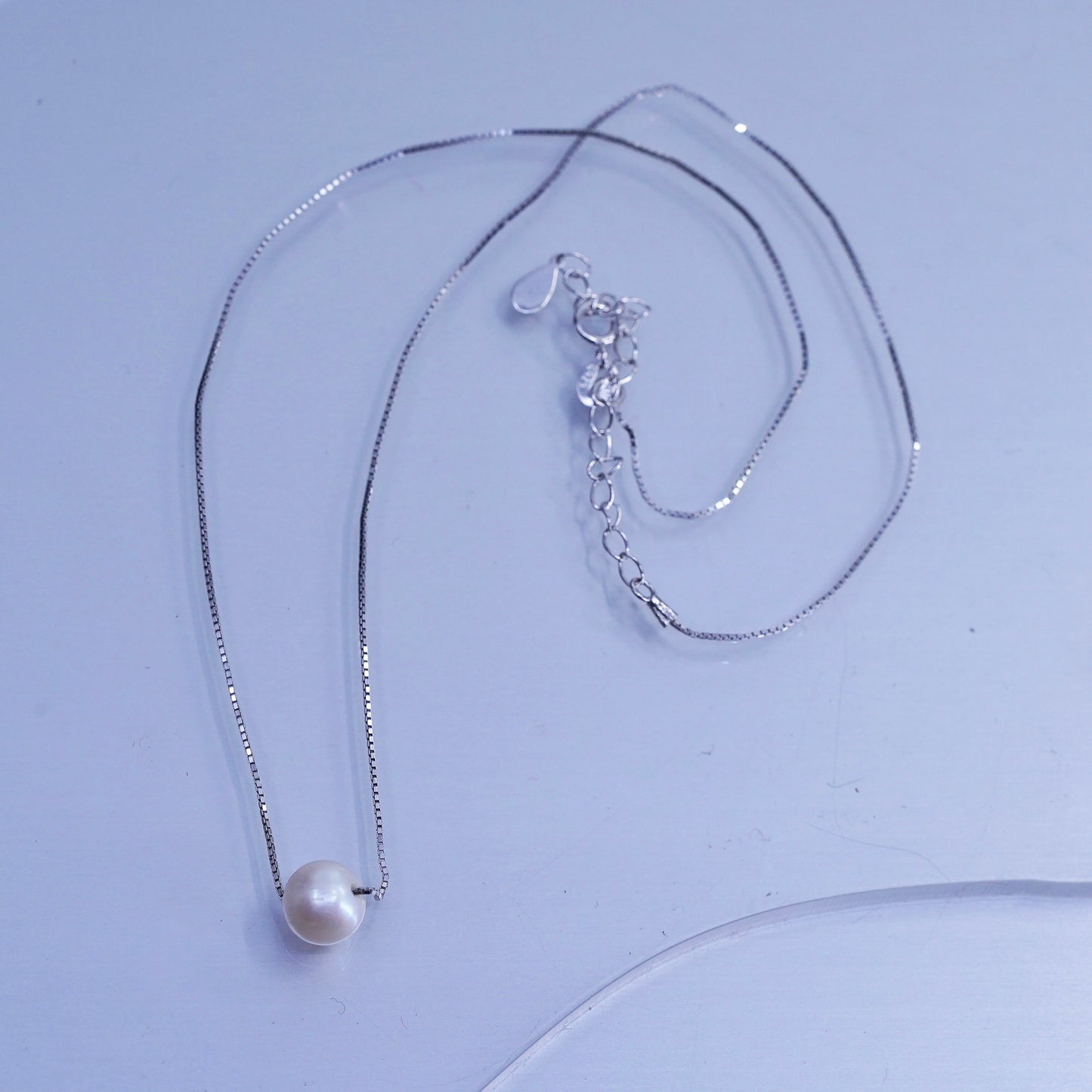 16+2”, Sterling 925 silver box chain necklace with freshwater pearl pendant
