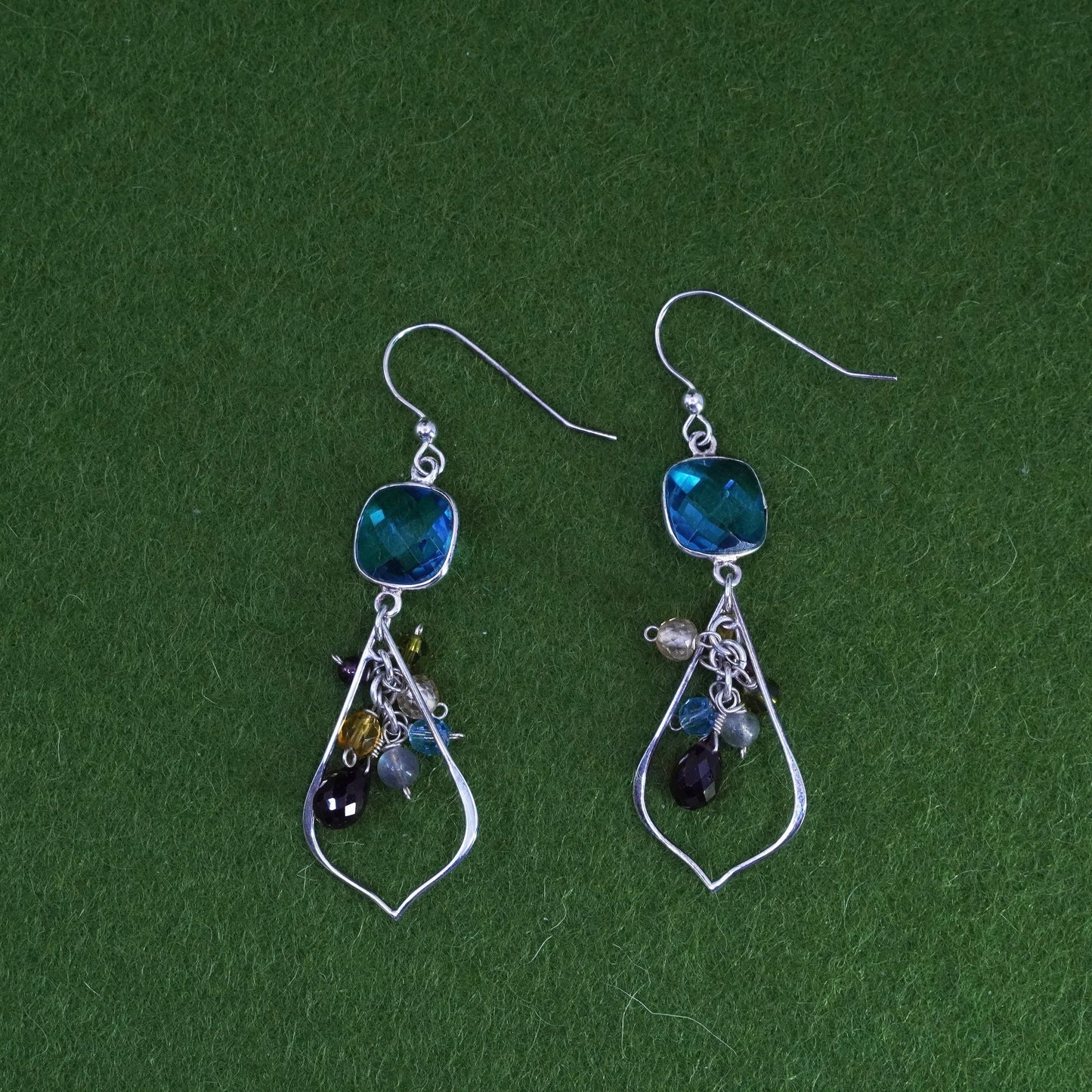 sterling silver 925 earrings with teardrop blue topaz drops and gemstone beads