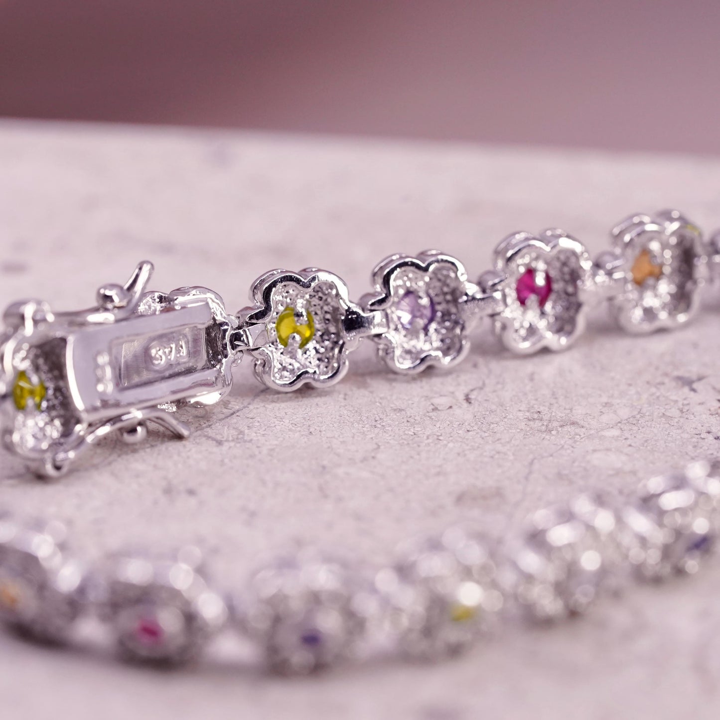 6.75”, vintage sterling 925 silver tennis bracelet with cluster cz flower