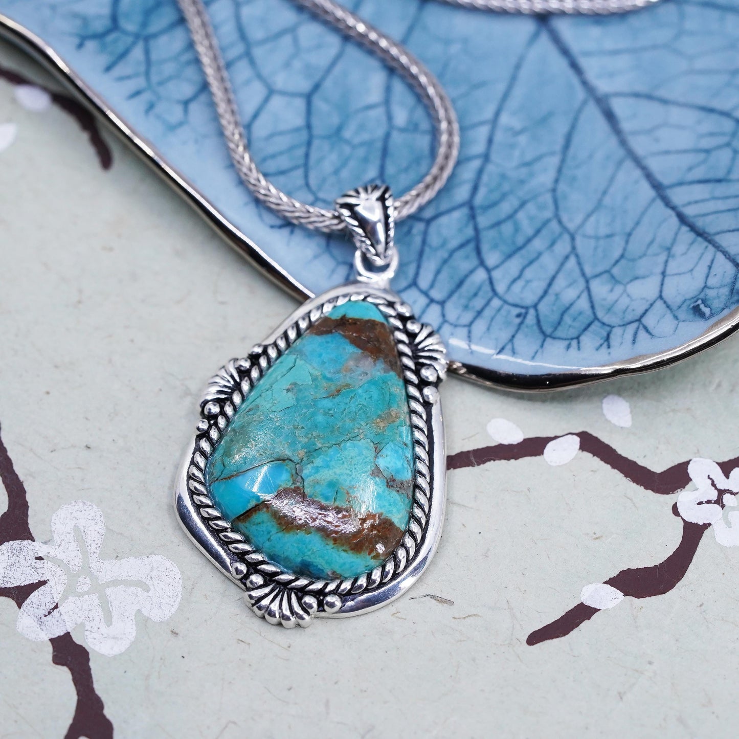 18" southwestern Sterling silver necklace, 925 wheat chain w/ turquoise pendant