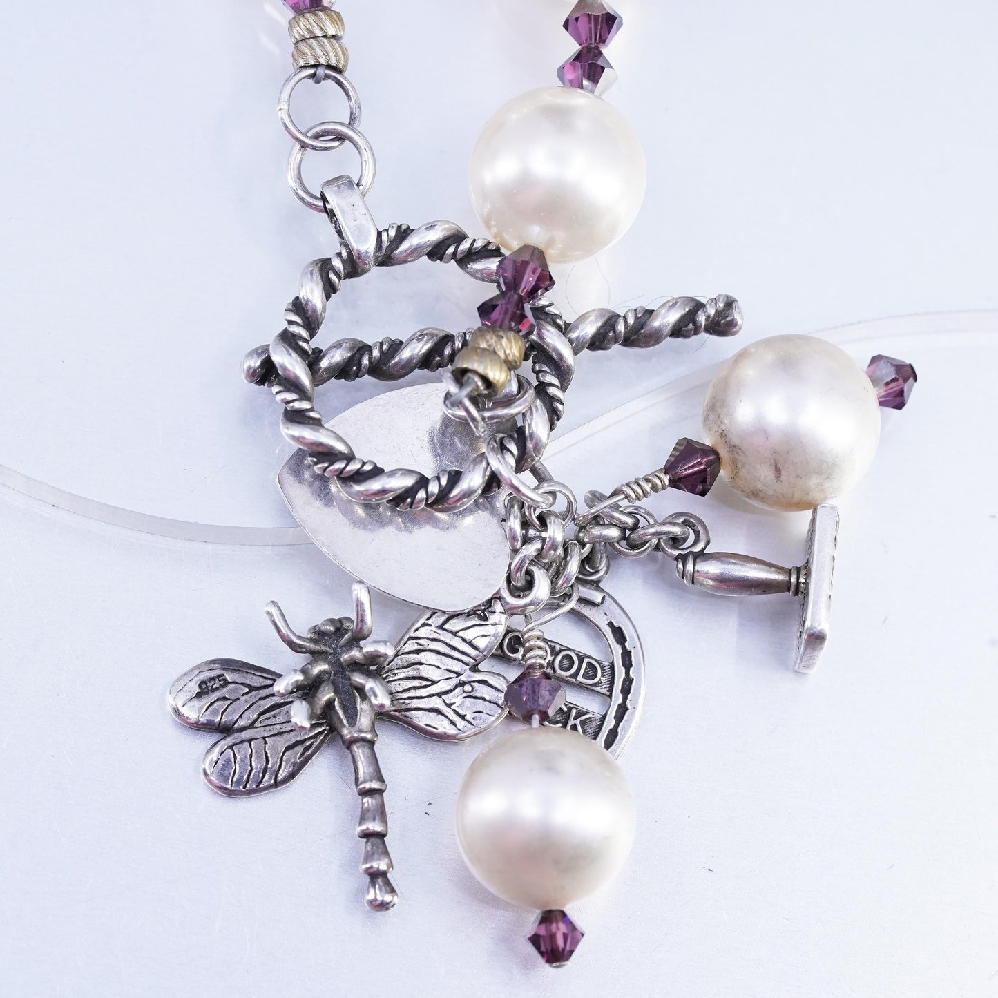 18", Sterling 925 silver necklace faux pearl beads, dragonfly horseshoe charms
