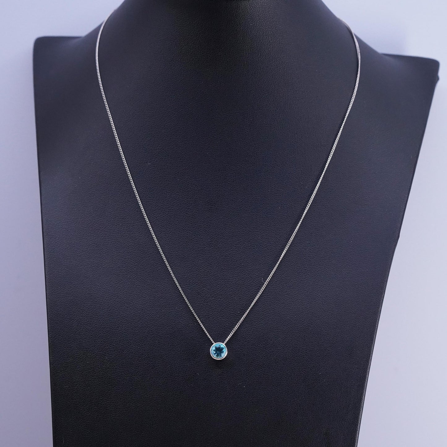 18”, vintage Sterling silver handmade necklace, 925 curb chain blue cz pendant