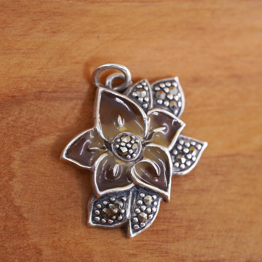 Vintage Sterling 925 silver handmade enamel flower pendant with marcasite