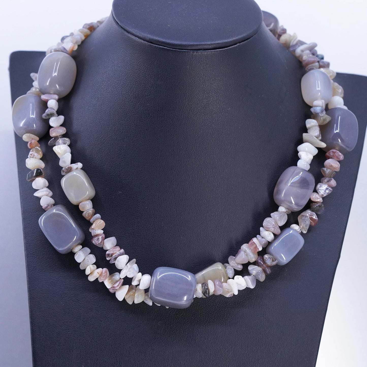 16+2”, southwestern Sterling 925 silver double strands necklace agate nugget