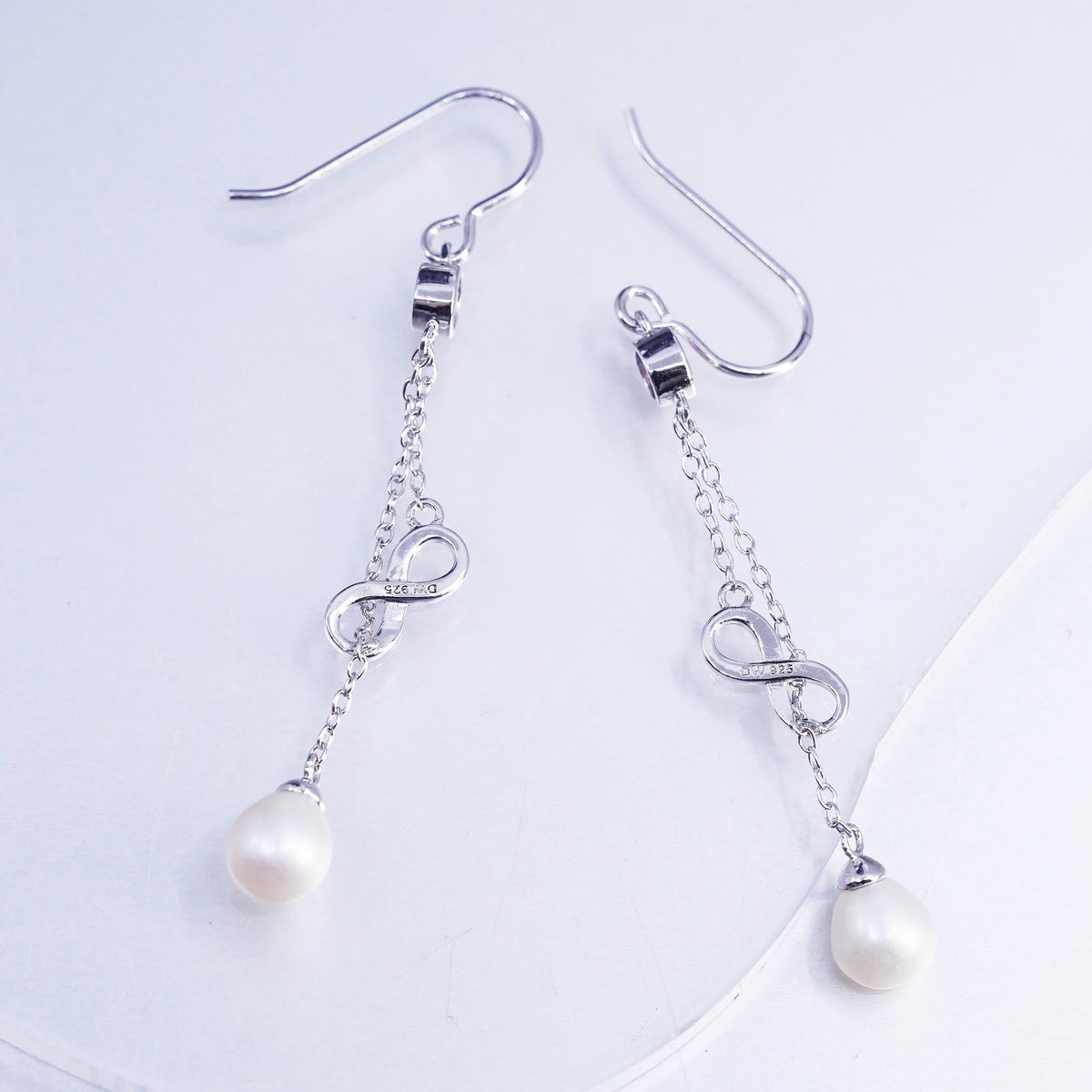 1.5", Vintage Sterling 925 silver long earrings infinity charm pearl beads