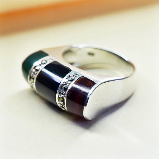 Size 6, Vintage Sterling 925 silver handmade band ring with onyx marcasite
