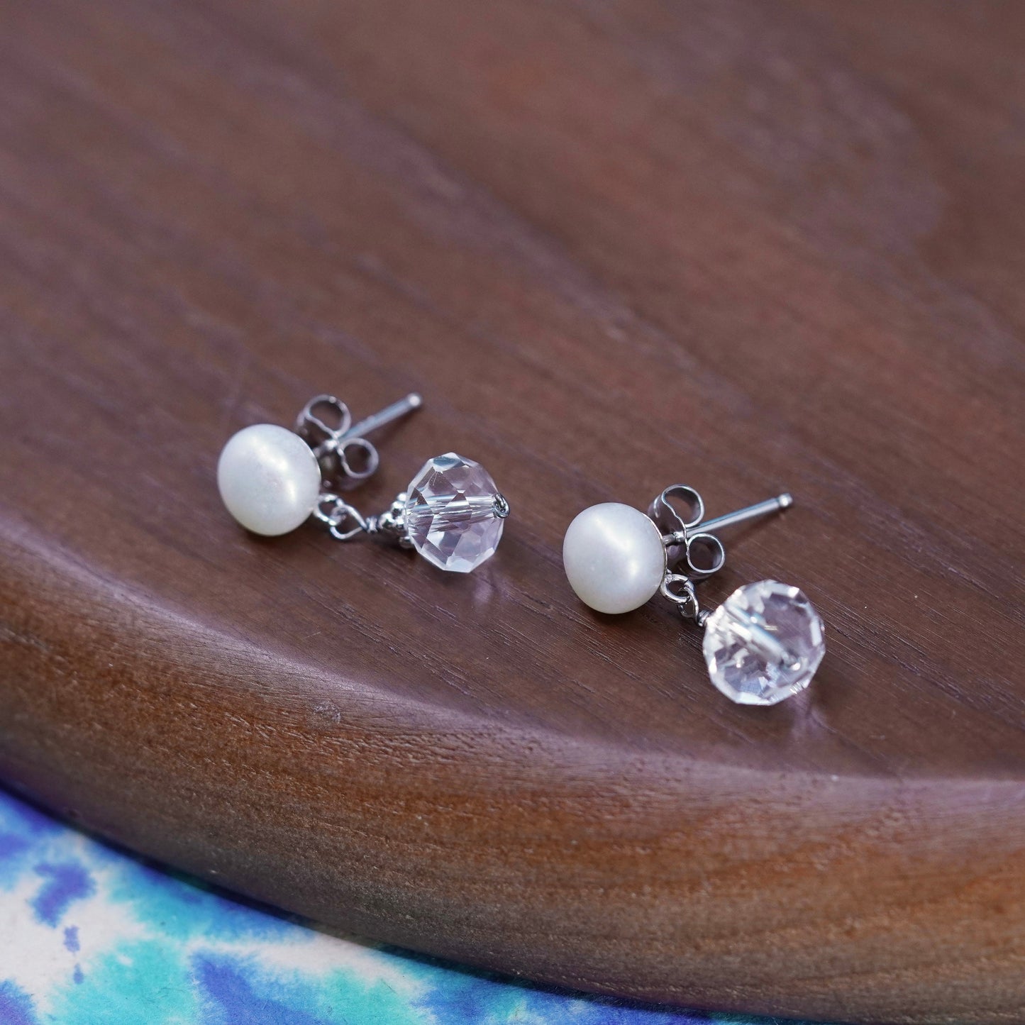 Vintage Sterling 925 silver handmade earrings with pearl and crystal