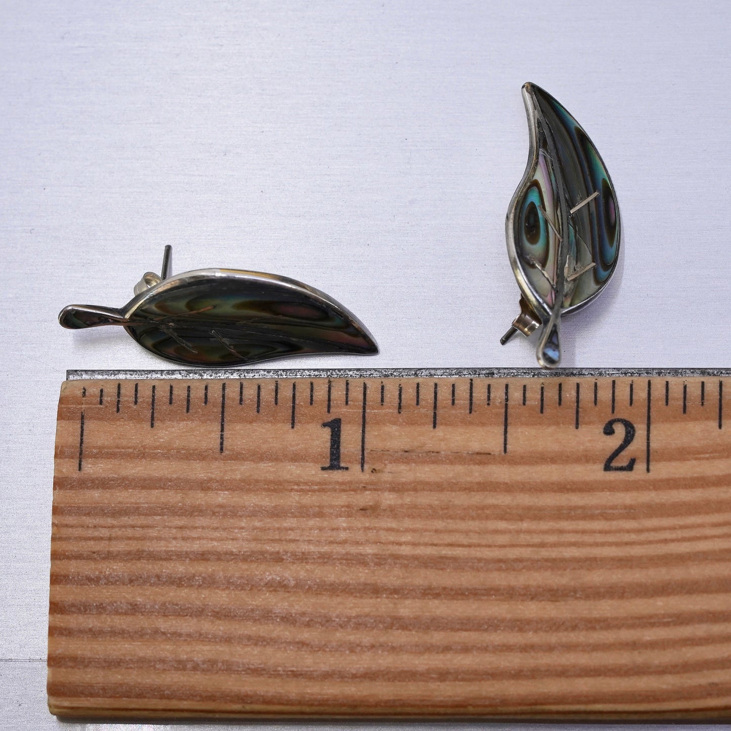 Vintage Mexican Sterling Silver handmade Earrings, 925 leaf studs with abalone