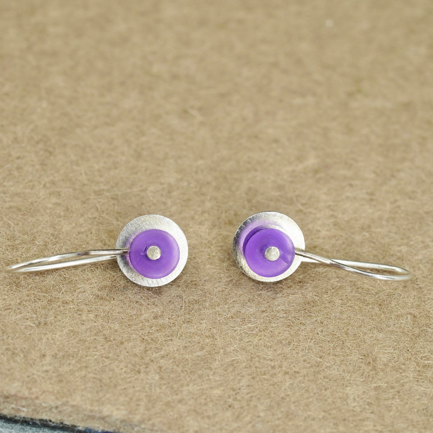 Vintage Sterling 925 silver handmade circle earrings with purple glass dangles