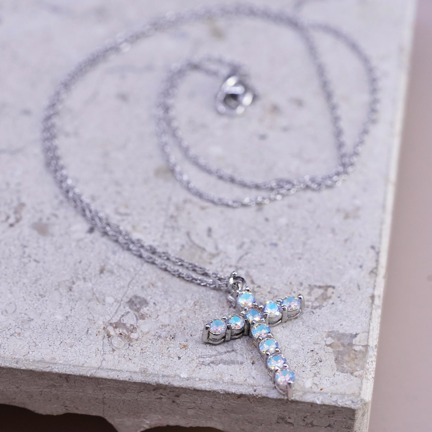 18" Sterling silver necklace, 925 Singapore rope chain AB crystal cross pendant